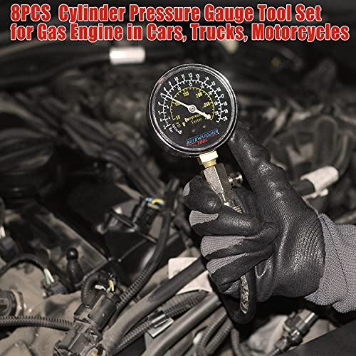 Petrol Engine Cylinder Compression Tester Kit, 8Pcs Automotive Engine Gas Pressure Gauge Set for Motorcycle Car Truck - size: Gauge Set without Spark Plug Tester