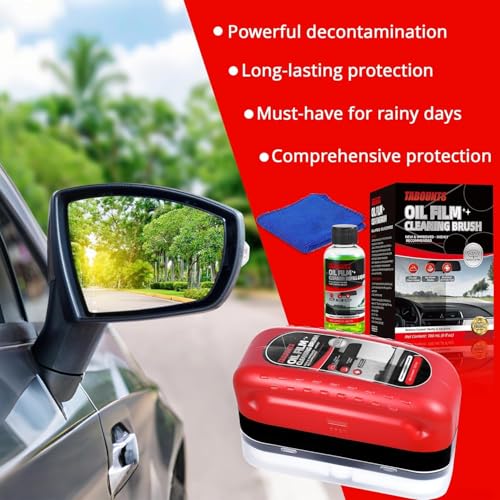 Automotive Oil Film Cleaning Brush for Car Windshield, Clear Vision Car Glass Cleaner with Towels, Press-and-Wipe Cleaner Removes Oil Film, Road Grime & Water Spots for Night & Rain, 2 Pack
