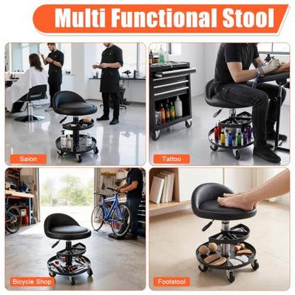Height Adjustable Rolling Mechanic Perch with Backrest, 360° Swivel Wheeled Work Bench with Dual Tier Tool Storage Tray, 300Lbs Heavy-Duty Padded Work Seat for Garage Auto Repair Salon Tattoo Black