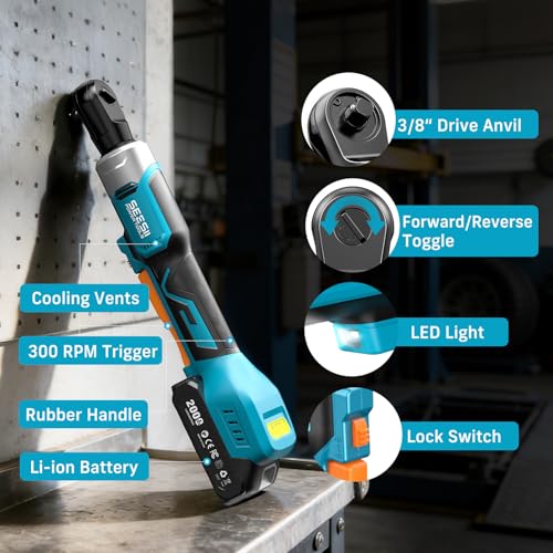 Seesii 3/8" Cordless Ratchet Wrench Set, 60 ft-lbs (80Nm) High Torque Electric Ratchet, 21V Max & 2×2.0Ah Batteries, 300 RPM, Fast Charger, LED Work Light,10–17mm Socket Set, Extension Bar & Case - size: 2 in