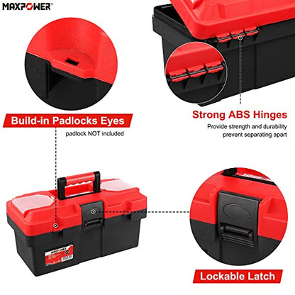 MAXPOWER Small Tool Box, 14-inch Plastic Tool Boxes with Handle | Removable Tray with Dual Lock Secured, Red Toolbox for Home - size: 14”, style: 14" red