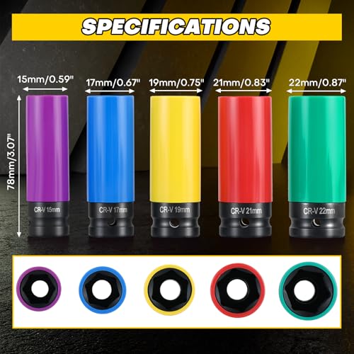 Ultimate Wheel Protector Impact Socket Set | 1/2'' Drive Lug Nut Socket, Non-Marring Thin Wall Design, CR-V Alloy,Color-Coded Protective Sleeve,6-point(15 17 19 21 22 mm)