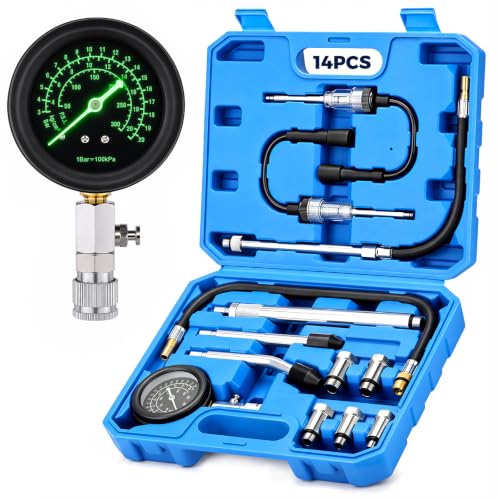 DISEN 14 PCS Compression Tester Kit, 0-300 PSI Triple-Scale Gauge with Fluorescent Dial, 5 Metal Adapters M10-M18 & 2 Spark Plug Testers, for Gasoline Engines Cars Trucks ATV Small Engines