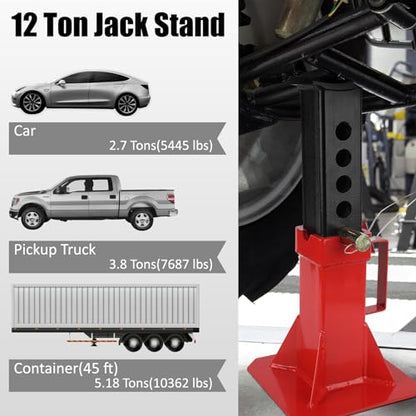 2 Pack 12-Ton Pin Lock Jack Stands, Adjustable Height 11''-18'', Heavy Duty Steel Support Stands with Large Saddle and Locating Lugs, Wide Base Safety Jack Stands for Semi-Trucks, RVs, Tractors - size: 12T