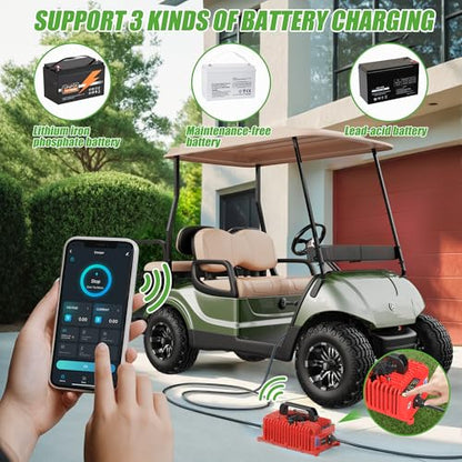10L0L 48V 15A Golf Cart Battery Charger for Yamaha G29 Drive & Drive 2, 3-Pin Leaf Plug, Smart Charger for 48V Lead-Acid, Lithium and LiFeP04 Batteries, IP67 Waterproof - Red - color: Red