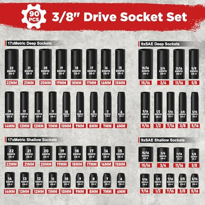 3/8" Drive Impact Socket Set, 90 Piece Metric Socket (6-22mm) and Standard SAE Size (5/16-15/16 inch) 6 Point, with 72-Teeth Ratchet Wrench, Mechanics Tool Kit for Automotive Repair - style: 3/8-90PCS