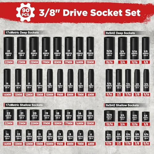 3/8" Drive Impact Socket Set, 90 Piece Metric Socket (6-22mm) and Standard SAE Size (5/16-15/16 inch) 6 Point, with 72-Teeth Ratchet Wrench, Mechanics Tool Kit for Automotive Repair - style: 3/8-90PCS