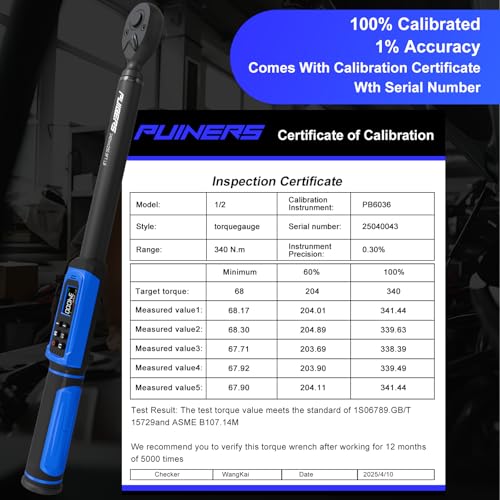 Digital Torque Wrench 1/2" Drive 3.8-250.8FT.LB (5-340Nm),Electronic Torque Wrench ±1% High Accuracy,5 Units LCD with Buzzer & LED Alerts For Car Bike Moto Truck - size: 1/2" 3.8-250.8 FT.LB