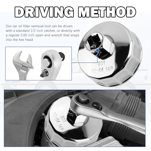 64-65mm Oil Filter Wrench Driven by 1/2" Tool,14 Flute Car Oil Filter Tool Compatible with Honda Nissan Acura,Sturdy Car Oils Filters Removal Tools Automotive Tools