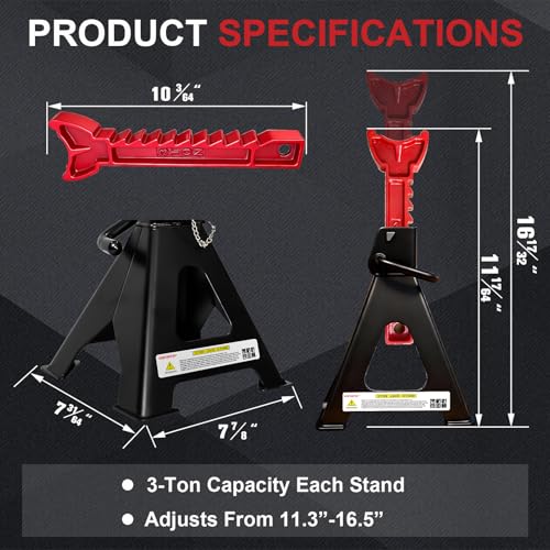 3 Ton Jack Stands (6,600 lbs) - Heavy Duty Car Jack Stand with Double Pin Locking, Adjustable 11.22"-16.54" Height, Extra Rubber Pads for Trucks, Garage, Home,DIY Use - 1 Pair Black+Red - color: Black+Red, size: 3 Ton Double Locking