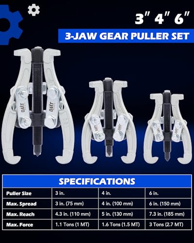 Orion Motor Tech Gear Puller Set, 3" 4" 6" 3 Jaw Puller Kit for Pulley Gear Bearing Flywheel Removal, Heavy Duty Pulley Puller with Reversible Jaws 3 pcs Bearing Puller Tool Kit | 3pc Bearing Puller Pulley Puller Tool Kit for Pulley Gear Bearing Flywheel