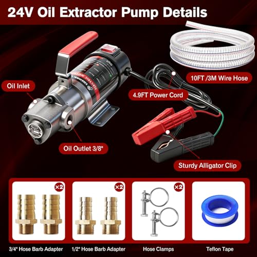 Oil Change Pump, 3.2 GPM Self Priming Gear Pump, 24V Electric Oil Transfer Pump with 10FT Steel Wire Hose, Rugged Metal Gears for Marine Boat Truck Excavators Industrial Machinery - color: with Hose