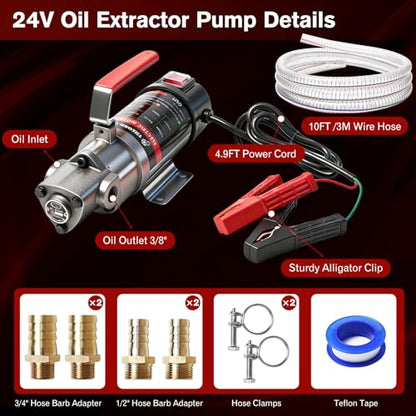 Oil Change Pump, 3.2 GPM Self Priming Gear Pump, 24V Electric Oil Transfer Pump with 10FT Steel Wire Hose, Rugged Metal Gears for Marine Boat Truck Excavators Industrial Machinery - color: with Hose