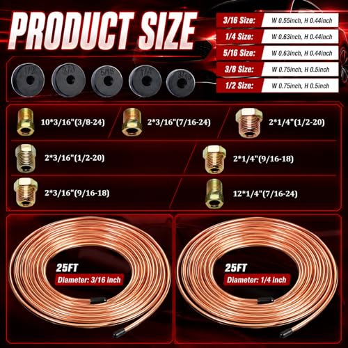 25Ft 1/4" & 3/16" Brake Line Kit,Single & Double Brake Line Flaring Tool Kit with 32 Inverted Fittings/Tube Cutter/5 Adapters,Professional Brakes Lines Repair Kits