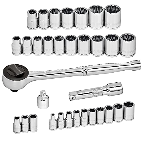 Carbyne 34-Piece 1/4 and 3/8 in. Drive Socket and Ratchet Set, SAE and Metric, CrV Steel, 72-Tooth Ratchets, 6 and 12 Point Sockets, Compact Storage Case