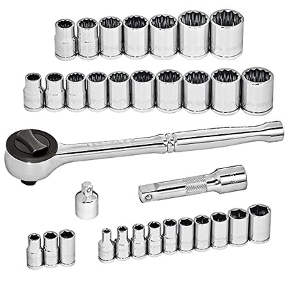 Carbyne 34-Piece 1/4 and 3/8 in. Drive Socket and Ratchet Set, SAE and Metric, CrV Steel, 72-Tooth Ratchets, 6 and 12 Point Sockets, Compact Storage Case