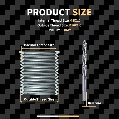 M8X1.0 Thread Repair Kit with Insert HSS Drill, Tap, Counterbore, Installation Driver, Metric, 10PCS Stainless Steel Insert M8X1.0X11.7MM