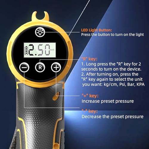 Tire Inflator Portable Air Compressor, Cordless Handheld Air Pump with Digital Tire Pressure Gauge/LED Light，Tire Pump with Rechargeable Battery, for Cars, Motorcycles, Bikes, Ball