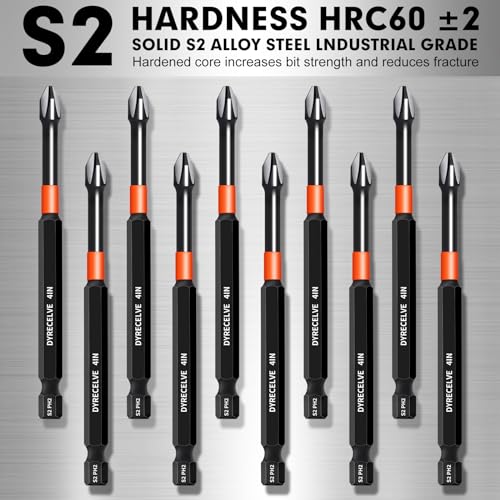 DYRECELVE 10-Piece Phillips Bits #2 Impact, 4-Inch Long Screwdriver Bits | Magnetic PH2 Phillips Head Drill Bits, S2 Steel, 1/4" Hex Shank for Impact Drivers and Tight-Reach Repairs - color: 4'' Ph2 10-pcs