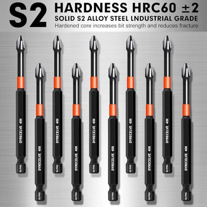 DYRECELVE 10-Piece Phillips Bits #2 Impact, 4-Inch Long Screwdriver Bits | Magnetic PH2 Phillips Head Drill Bits, S2 Steel, 1/4" Hex Shank for Impact Drivers and Tight-Reach Repairs - color: 4'' Ph2 10-pcs