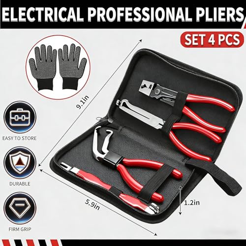 5-Pcs Kit Electrical Disconnect Pliers Set with Gloves - Auto Connector Tool for Fuel Line, Wiring, Sensors & Coils | Quick-Release Car Truck Repair (Red)