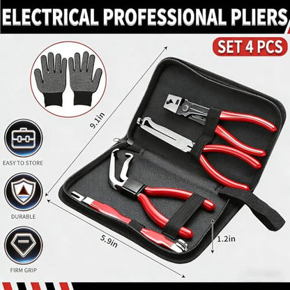 5-Pcs Kit Electrical Disconnect Pliers Set with Gloves - Auto Connector Tool for Fuel Line, Wiring, Sensors & Coils | Quick-Release Car Truck Repair (Red)