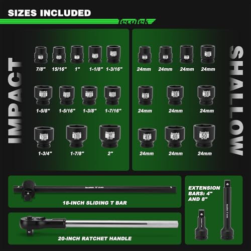 TecoTek 3/4" Drive Shallow 6-Point Impact Socket Set, 27-Piece Jumbo Assortment, CR-MO, SAE (7/8-Inch to 2-Inch) and Metric (22mm to 50mm), Ratchet Handle with Extensions