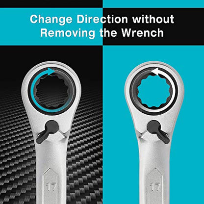 DURATECH 4-in-1 Reversible Ratcheting Box Wrench Set, Metric, 2-Piece | Double Box End, 8mm, 10mm, 12mm, 13mm & 14mm, 15mm, 17mm, 19mm, CR-V Steel, Matte Chrome Plated, Rolling Pouch - style: Regular & Metric