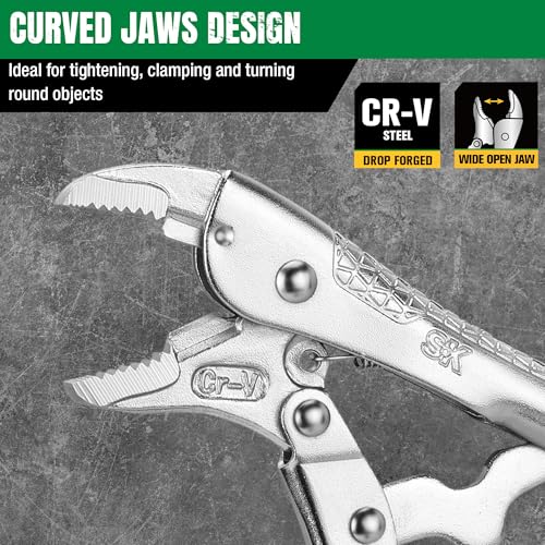 SK 5" Curved Jaw Locking Pliers, Vice Grips, Premium CR-V Steel | Vise Grip Pliers, Nickel-Plated Finish, Ergonomic Anti-slip Handle, Ideal for Welding or Assembly - size: 5"