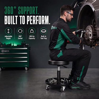 SATA Adjustable Rolling Shop Stool with Wheels, Heavy Duty 300 lbs Capacity Mechanics Chair, Rolling Garage Stool for Seated Work, 385mm Seat, 390mm Height