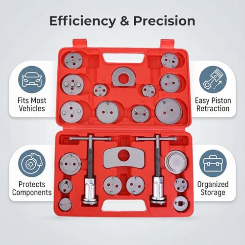 WEEK NINE 24pc Brake Caliper Compression Tool Set, Heavy Duty Brake Piston Compressor and Wind Back Tool Kit for Brake Pad Replacement, Universal Disc Brake Caliper Tool Set (Red Case) - color: Red