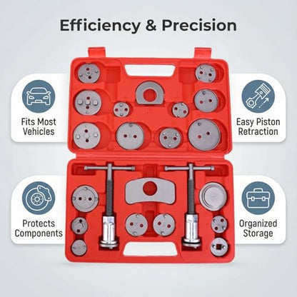 WEEK NINE 24pc Brake Caliper Compression Tool Set, Heavy Duty Brake Piston Compressor and Wind Back Tool Kit for Brake Pad Replacement, Universal Disc Brake Caliper Tool Set (Red Case) - color: Red