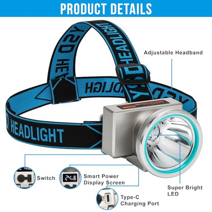 High Brightness LED Headlamp with Display Screen Rechargeable USB-C Waterproof Headlight with Runtime Indicator 4 Lighting Modes Light for Camping, Work, Hunting, Fishing (Mode 503 - White Light) - color: Model-503