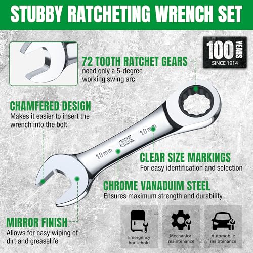 SK Stubby Ratcheting Wrench Set, Combination Wrench Set, 14-Piece, SAE & Metric, 72-Tooth, CR-V Steel, with Rolling Pouch - size: Metric & SAE