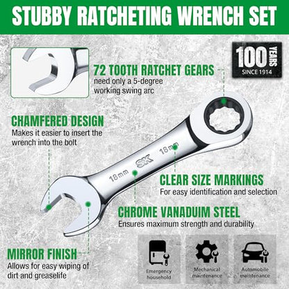 SK Stubby Ratcheting Wrench Set, Combination Wrench Set, 14-Piece, SAE & Metric, 72-Tooth, CR-V Steel, with Rolling Pouch - size: Metric & SAE