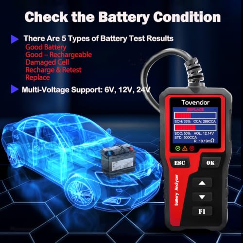 BT30 Car Battery Tester 6V/12V/24V, 100–2000 CCA, Alternator & Starter/Charging System Analyzer, Automotive Load Test, for Car Truck Motorcycle