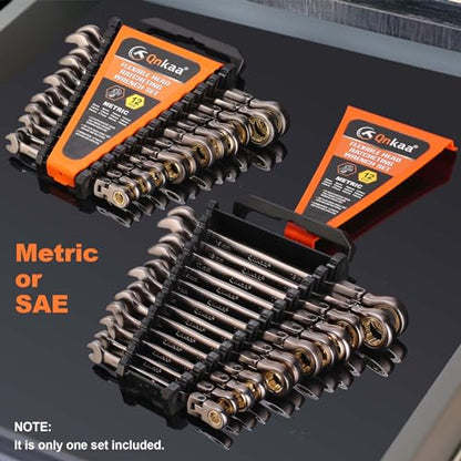 Qnkaa Flexible Ratcheting Wrench Set 12pcs Metric 8-19mm Flex-Head Spanner Gear Ring Ratchet Combination Wrenches Kit with Portable Organizer - style: Metric 12pcs