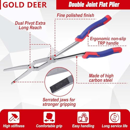 13Inch Double-Joint Flat Plier Long Reach Flat Nose Plier Serrated Jaw Dual Pivot Pliers Extra Long Reach Compound Action Pliers for Hard to Reach Narrow Spaces - style: Flat Nose