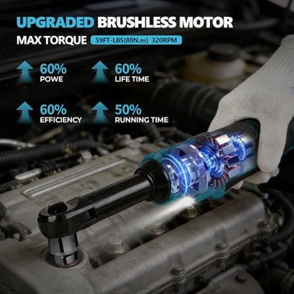 2026 Upgraded Brushless 3/8" Cordless Ratchet Wrench Compatible with Ma-kita 18V Batteries (No Battery), 60 ft-lbs Max Torque, Variable Speed, LED Light for Auto, Home & Workshop