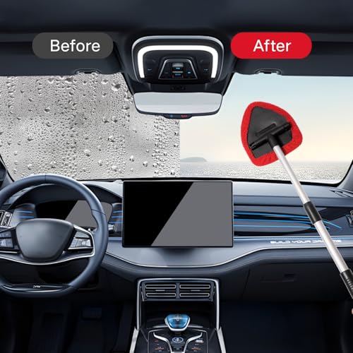 Qydipclin 7pcs Windshield Cleaner Tool Car Window Cleaning Wash Kit with 4 Reusable Microfiber Pads 1 Spray Bottle and Extendable Handle Auto Glass Wiper Kit, Red - color: Red