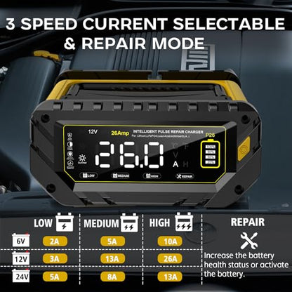 Car Battery Charger 26A, 6V/12V/24V, Battery Maintainer Trickle Charger | Lead-Acid, LiFePo4, Lithium Smart Battery Charger, Large Screen Fully Automatic Chargers for Car, Motorcycle, Lawn Mower