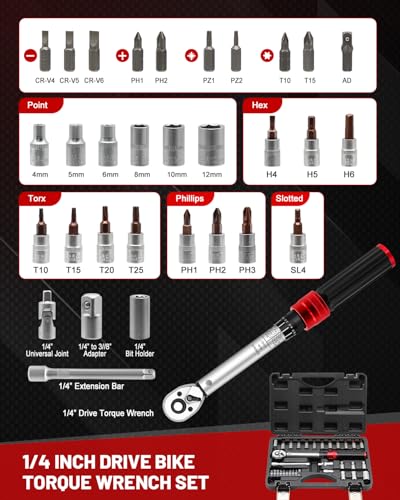 1/4inch Drive Torque Wrench Set, 32-Piece 20-220 in.lb (2.3-25 Nm) Click Bicycle Torque Wrench with Bit Sockets, 0.1 Nm Micro, 72-Tooth Ratchet, 3/8 Adapter, for MTB, E-Bike, Motorcycle - size: 10-220 In.Lb, style: 1/4-Inch
