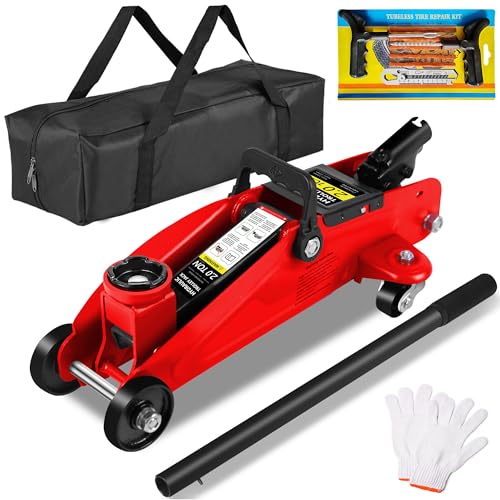 Steel Floor Jack Quick Rise Piston Pump Low Profile, Car Jack Service Jack, Farm Jack, 2 Ton (4,000 lbs.) - color: 2Ton with Tire repair kit Red