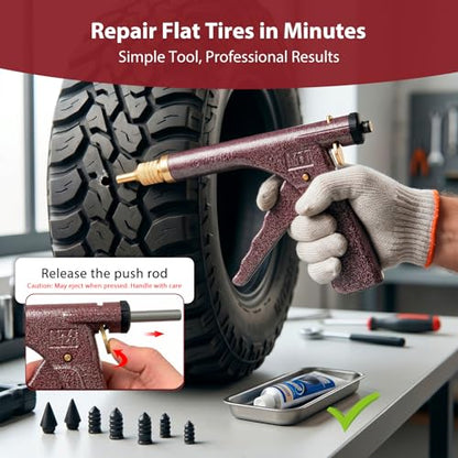 Tire Gun Puncture Repair Kit with Mushroom Plug - Complete Tire Plug Kit for Car, Motorcycle, Tractor, SUV, Truck & ATV - Portable Repair Tool Box