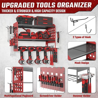 SUNALLY Power Tool Organizer, Heavy Duty Wall Mount Tool Organizer 3 Layers with 4 Drill Holders, Garage Tools Storage Rack with 2 Side Pegboards and Hooks for Workshop, Shed, Red - style: 4 Drill Holders D