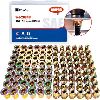 Rivet Nut, Ktehloy 100Pcs 1/4"-20UNC Carbon Steel Flat Head Rivnut Threaded Insert Nut, Zinc Plated Carbon Steel Nut Inserts, Knurled Body (1/4''-20) - size: 1/4"-20 - 100 Pcs