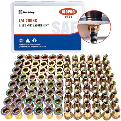 Rivet Nut, Ktehloy 100Pcs 1/4"-20UNC Carbon Steel Flat Head Rivnut Threaded Insert Nut, Zinc Plated Carbon Steel Nut Inserts, Knurled Body (1/4''-20) - size: 1/4"-20 - 100 Pcs