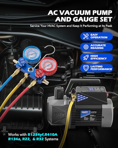 Orion Motor Tech A2L AC Vacuum Pump and Gauge Set, for R1234yf R32 R134a R410A Systems with 3.5 cfm Sparkless Ignition Proof Vacuum Pump, 3 Way AC Gauges Quick Couplers Can Taps Hoses Thermometer - size: 3.5 CFM A2L&R1234yf R32 R134a R410A