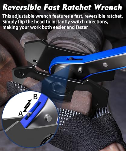 Brake Caliper Compression Tool,360° Swing Ratchet Switch With Additional 2 pcs Large Steel Plate and 2 Hooks&Nylon Grip Work Gloves for Single/Twin/Quad Piston,Disc Brake Repair/Car,Truck,SUV(Blue)