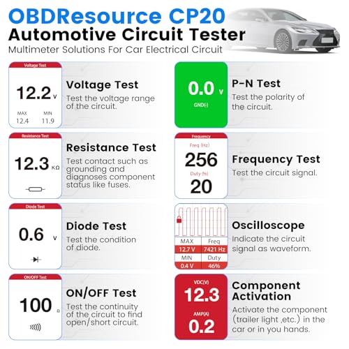 OBDResource Automotive 24V Car Power Circuit Probe Tester with LCD Display | Circuit Tester, 12V 24V Electrical Diagnostic Tool with Illuminating Lights, Component Activation (CP20)